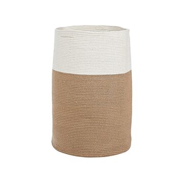 Storage Basket Cotton Beige And White Braided Laundry Hamper Fabric Bin Beliani