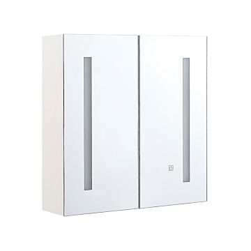 Bathroom Mirror Cabinet Silver Plywood 60 X 60 Cm Hanging 2 Door Cabinet With Led Lights Beliani