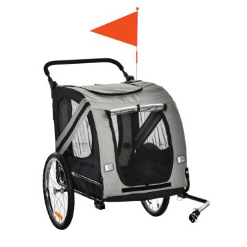 Pawhut Dog Bike Trailer 2-in-1 Pet Stroller Cart Bicycle Carrier Attachment For Travel In Steel Frame With Universal Wheel Reflectors Flag Grey