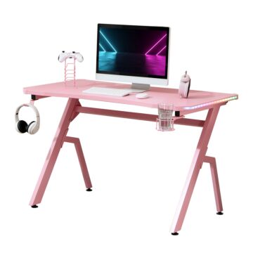 Homcom Gaming Desk Racing Style Home Office Ergonomic Computer Table Workstation With Rgb Led Lights, Controller Rack & Cable Management, Pink
