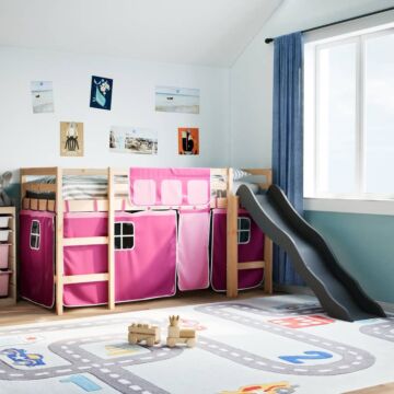 Vidaxl Kids' Loft Bed With Curtains Pink 90x200 Cm Solid Wood Pine