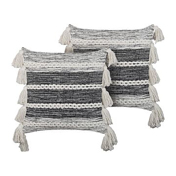 Set Of 2 Decorative Cushions Black And Grey Cotton 45 X 45 Cm With Tassels Boho Design Decor Accessories Beliani