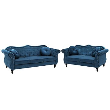 Living Room Set Blue Velvet 2 Seater 3 Seater Nailhead Trim Button Tufted Throw Pillows Rolled Arms Glam Beliani