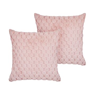 Set Of 2 Scatter Cushions Pastel Pink Faux Fur 43 X 43 Cm Fluffy Throw Pillow Honeycomb Geometric Pattern Removable Cover With Filling Beliani