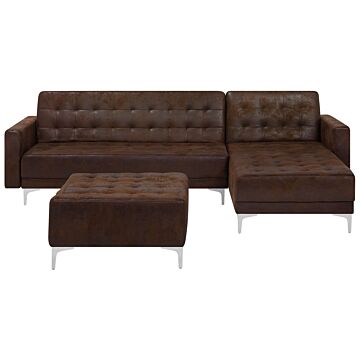 Corner Sofa Bed Brown Faux Leather Tufted Modern L-shaped Modular 4 Seater With Ottoman Left Hand Chaise Longue Beliani