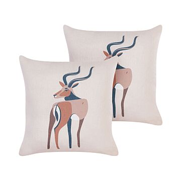 Set Of 2 Decorative Cushions Beige Animal Print 45 X 45 Cm Antelope Motif Modern Safari Decor Beliani