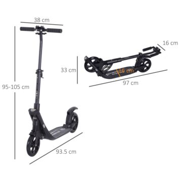 Homcom Folding Kick Scooter Hight-adjustable Urban Scooter W/ Rear Brake, Double Shock Absorption System & 2 Big Wheels, For 14+ Teens Adult, Black