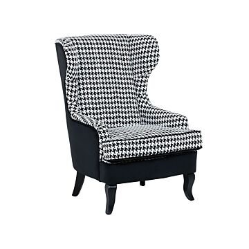 Wingback Chair Black And White Fabric Houndstooth Armchair Button Tufted Wooden Legs Beliani