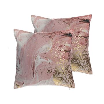 Set Of 2 Decorative Cushions Pink Polyester Abstract Pattern 45 X 45 Cm Paint Print Gold Foil Decor Accessories Beliani
