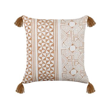 Scatter Cushion Light Brown And White 45 X 45 Cm Hand Block Print Removable Covers Zipper Aztec Pattern Beliani