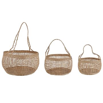 Set Of 3 Baskets Natural Seagrass With Handles Home Accessory Boho Style Beliani