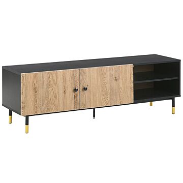 Tv Stand Black And Light Wood Particle Board Metal Legs For Tv Up To 65'' With Shelves Storage Function Beliani