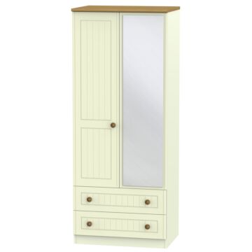 Warwick Double 2 Drawer Mirror Wardrobe In Cream Ash & Modern Oak