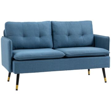 Homcom 2 Seater Sofas For Living Room, Fabric Couch, Button Tufted Love Seat With Cushions, Dark Blue