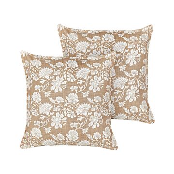 Set Of 2 Scatter Cushions Beige And White Cotton 45 X 45 Cm Square Handmade Throw Pillows Printed Floral Pattern Removable Cover Beliani