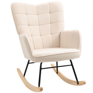 Homcom Wingback Rocking Chair For Nursing, Berber Fleece Nursery Glider Rocker, Modern Armchair For Living Room, Beige