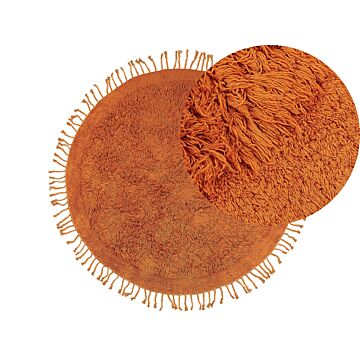 Area Rug Orange Cotton ⌀ 140 Cm Shaggy Round Shape With Tassels Boho Style Beliani