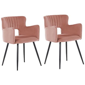 Set Of 2 Chairs Dining Chair Peach Pink Velvet With Armrests Cut-out Backrest Black Metal Legs Beliani