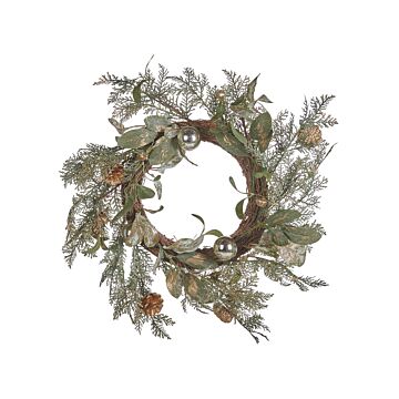 Christmas Wreath Green Gold Synthetic Material 45 Cm Pine Cones Snow Baubles Traditional Design Round Beliani