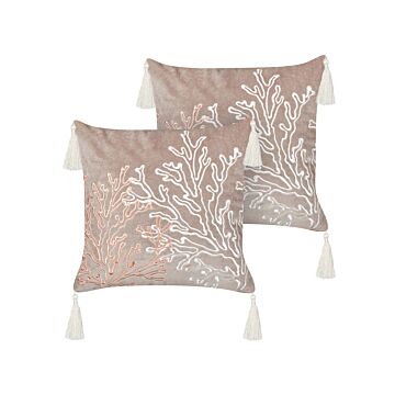 Set Of 2 Scatter Cushions Taupe Velvet 45 X 45 Cm Marine Coral Motif Square Polyester Filling Home Accessories Beliani