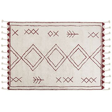 Rug Off-white Dark Red Cotton 140 X 200 Cm Geometric Pattern Runes Tribal Tassels Oriental Beliani