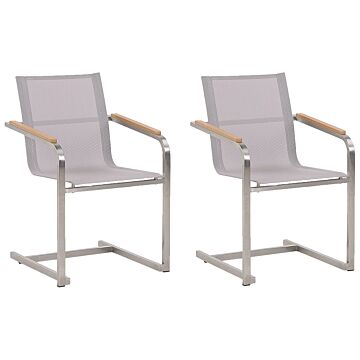 Set Of 2 Garden Chairs Beige Synthetic Seat Stainless Steel Frame Cantilever Style Beliani