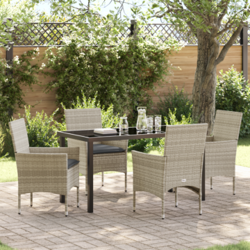 Vidaxl 5 Piece Garden Dining Set With Cushions Light Grey Poly Rattan, Vidaxl Garden Table Black 140x80x73 Cm Tempered Glass