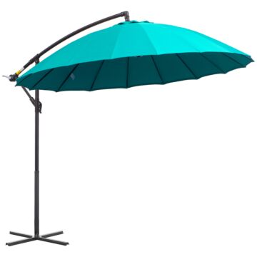 Outsunny 3(m) Cantilever Shanghai Parasol Garden Hanging Banana Sun Umbrella With Crank Handle, 18 Sturdy Ribs And Cross Base, Turquoise