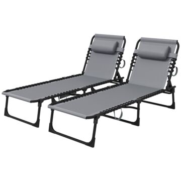 Outsunny Portable Sun Lounger Set Of 2, Folding Camping Bed Cot, Reclining Lounge Chair 5-position Adjustable Backrest With Side Pocket, Pillow For Patio Garden Beach Pool, Grey