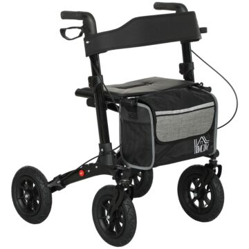 Homcom Folding Rollator Walker With Padded Seat, Backrest, Lightweight Walking Frame With Storage Bag, Dual Brakes, All-terrain Wheels, Adjustable Handle Height, 4 Wheeled Walker For Seniors, Black