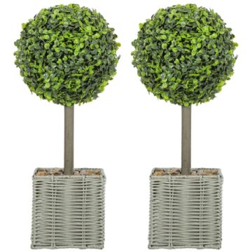 Homcom Set Of 2 Decorative Artificial Plants, 50cm Faux Boxwood Topiary Balls With Woven Plastic Pot And Pebbles, Fake Plants For Home Or Office Decor, Green