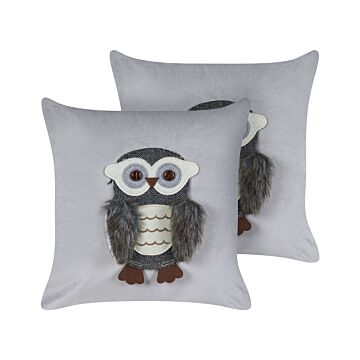 Set Of 2 Scatter Cushions Grey Velvet Fabric 45 X 45 Cm Owl Motif Removable Covers Living Room Bedroom Beliani