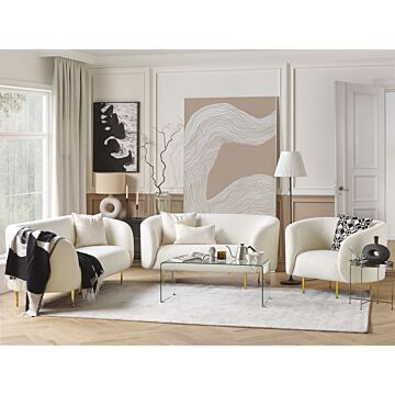 Living Room Set White Boucle Fabric Soft Nubby Gold Legs 3 Seater Sofa Loveseat Armchair Retro Glam Art Decor Style Beliani