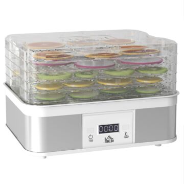 Homcom 5 Tier Food Dehydrator, 245w Stainless Steel Food Dryer Machine With Adjustable Temperature, Timer And Lcd Display For Drying Fruit, Meat, Vegetable, Jerky And Pet Treat, White