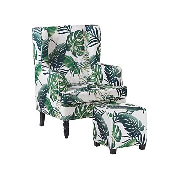 Armchair With Footstool White And Green Leaf Pattern Fabric Wooden Legs Wingback Style Beliani