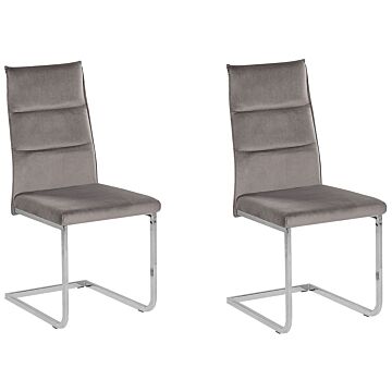 Set Of 2 Dining Chairs Grey Velvet Upholstered Cantilever Silver Legs Armless Modern Design Beliani
