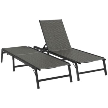 Outsunny Foldable Outdoor Pe Rattan Sun Lounger Set Of 2, Patio Wicker Recliners Lounge Chair W/ 5-level Adjustable Backrest, For Poolside, Garden, Grey