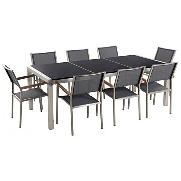 Garden Dining Set Grey With Black Granite Table Top 8 Seats 220 X 100 Cm Triple Plate Beliani