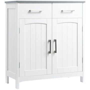 Kleankin Bathroom Floor Cabinet, Freestanding Wooden Free Standing Storage Cupboard With 2 Drawers, Double Doors, Adjustable Shelf, White