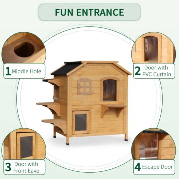 Pawhut Wooden Cat House Condos Cat Cave Pet Shelter 2 Floor Villa Outdoor Furniture Natural Wood Finish