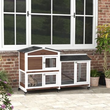 Pawhut Wooden Two-tier Pet Hutch With Wheels, Run - Brown