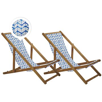 Set Of 2 Garden Deck Chairs Light Acacia Wood Frame White And Blue Replacement Fabric Hammock Seat Reclining Folding Sun Lounger Beliani