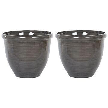 Set Of 2 Plant Pots Solid Brown Stone Mixture Polyresin ⌀ 49 Cm High Gloss Outdoor Resistances Round All-weather Beliani