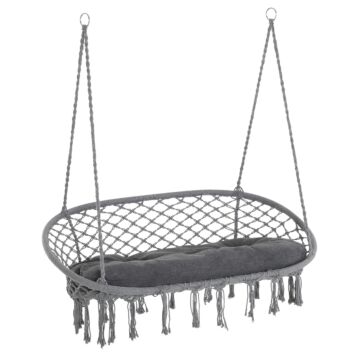 Outsunny Hanging Hammock Chair Cotton Rope Porch Swing With Metal Frame And Cushion, Large Macrame Seat For Garden, Bedroom, Living Room, Dark Grey