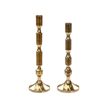 Set Of 2 Candlesticks Gold Metal Glossy Metallic Glamour Taper Candleholders Beliani