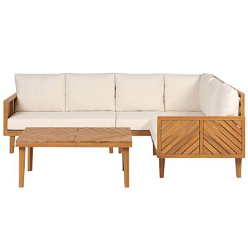 Garden Sofa Set Acacia Wood Light Beige Cushions 5 Seater Modern Design Outdoor Conversation Set Beliani
