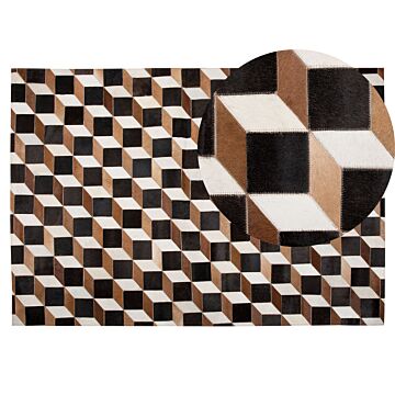 Rug Brown Leather 140 X 200 Cm Modern Patchwork Cowhide 3d Pattern Handcrafted Rectangular Carpet Beliani