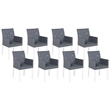 Set Of 8 Garden Chairs Grey Textilene Upholstery Aluminium White Legs Quick Dry Foam Beliani