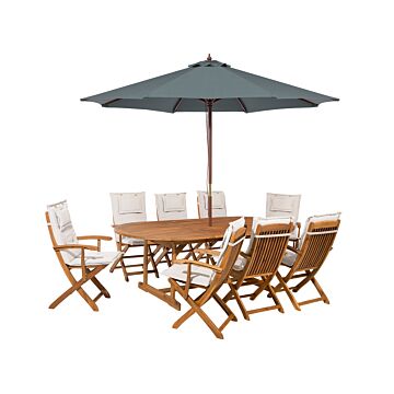 Outdoor Dining Set Light Acacia Wood With Beige Cushions 8 Seater Table Folding Chairs Dark Grey Umbrella Beliani