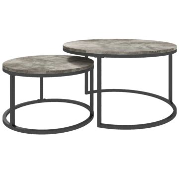 Homcom Industrial Nesting Coffee Table Set Of 2, Round Coffee Tables, Living Room Table With Faux Cement Top And Steel Frame